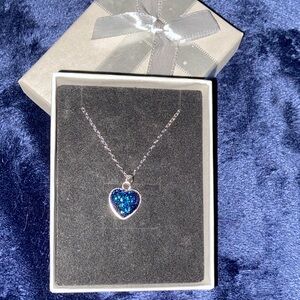 VALENTINES DAY BLUE DRUZY HEART Silver Tone 16” Necklace